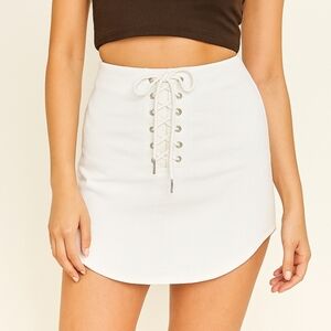 Forever 21 Small White Denim Lace-Up Front Mini Skirt Rounded Hem Fitted Zip Up